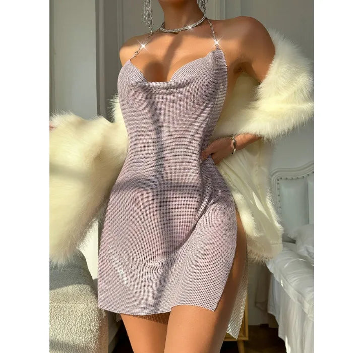 Summer Dress for Women 2024 Nightclub Backless Sequin Suspender V-neck Halter Neck Split Dresses Sleeveless Short Skirt Female