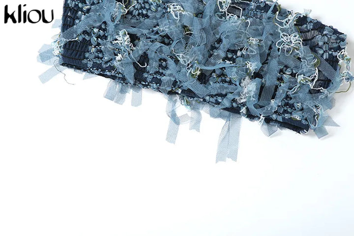 kliou Stacked Crochet 2 Piece Set Women Panelled Patchwork Wrapped Chest Crop Tanks+Sheer Slim Mini Skirts Female Street Outfits