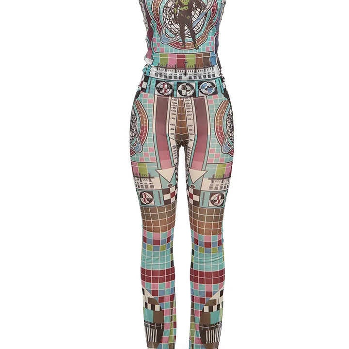 Weird Puss Aesthetic Print 2 Piece Set Women Sexy See Through Colorful Coquette Tank Tops+Pants Hipster Matching Clubwear Outfit