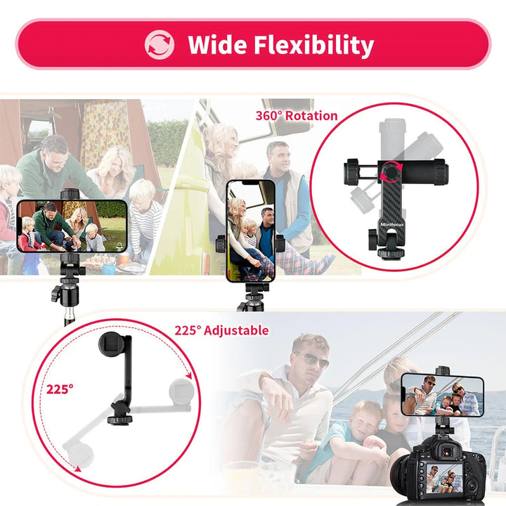 Camera Hot Shoe Phone Holder Mount Clamp Clip w 2 Cold Shoe 1/4'' Tripod Adapter Stand Mic Fill Light for Smartphone TikTok Vlog