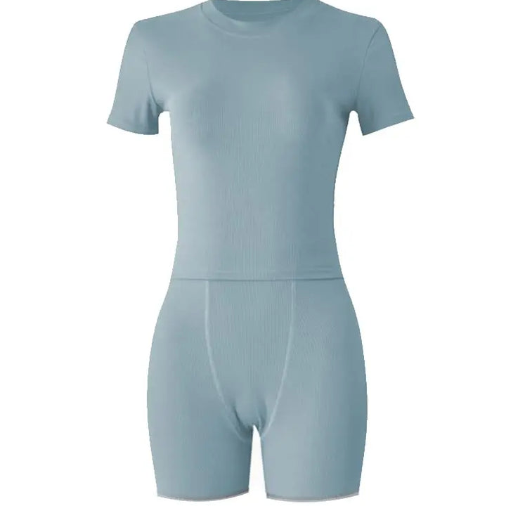 Lounge Wear Ribbed Casual 2 Piece Summer Shorts Set For Somen Short Sleeve Top+Elastic outfits