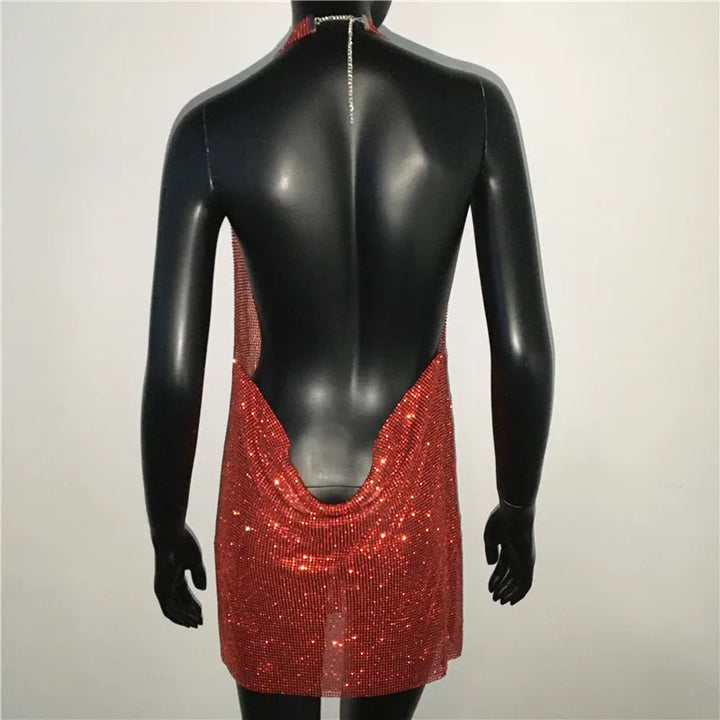 Bling Rhinestone Backless Dress Sexy Deep V Neck Sleeveless Side Split Halter Dress Nightclub Party Evening Dresses