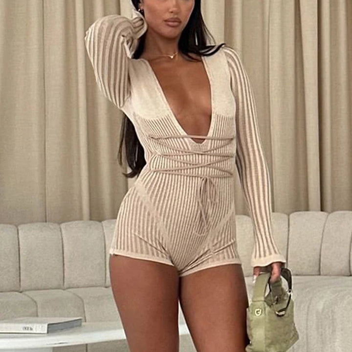 Weird Puss Crochet Bandage Playsuits Women Low-Neck Contrast Striped Patchwork Long Sleeve Autumn Trend Vacation Skinny Romper