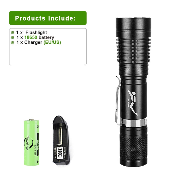 Diving flashlight charging strong light XHP70 focus long flashlight plastic waterproof submersible lighting at night submersible