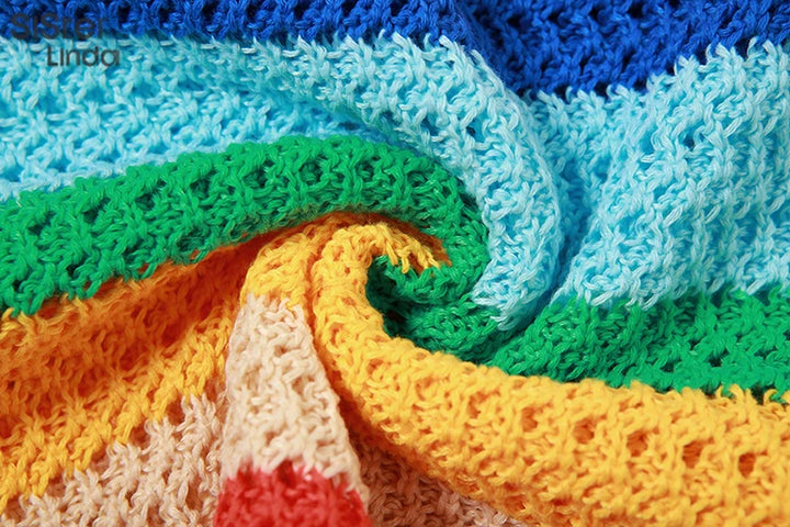 Sisterlinda Colorful Knit Casual 2 Piece Set Women Sleeveless Skinny Stretch Midriff Tank Top+Mini Hip Skirt Matching Streetwear