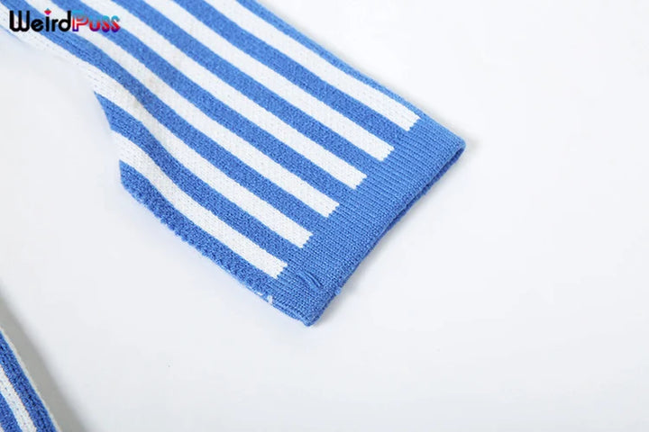 Weird Puss Crochet Bandage Playsuits Women Low-Neck Contrast Striped Patchwork Long Sleeve Autumn Trend Vacation Skinny Romper