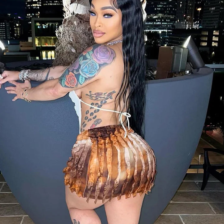 kliou Stacked Ruched 2 Piece Set Women Solid Halter Bandage Irregulary Camis+Tie Dye Vintage Mini Skirts Female Sexy Attirewear