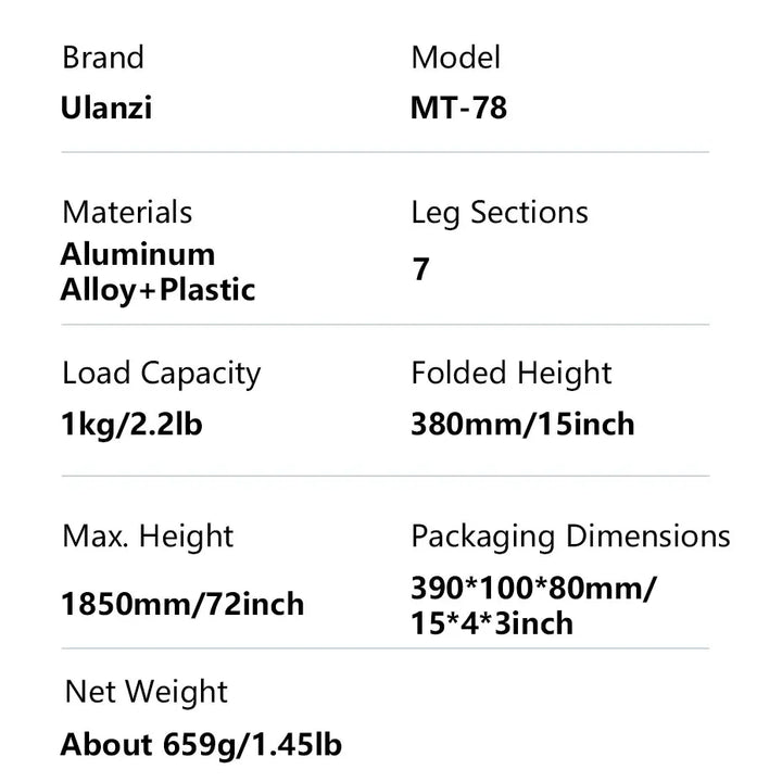 Ulanzi MT-78 Quick-Release Tripod with Cold Shoe Mount 1.85M Height with Flexible Ball Head for Selfie Vlogging Live Photograph