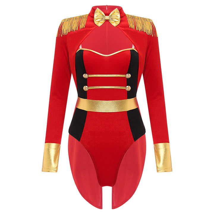 Womens Circus Ringmaster Costume Jumpsuit Halloween Carnival Party Long Sleeve Tailcoat Velvet Fringed Sexy Cosplay Bodysuit
