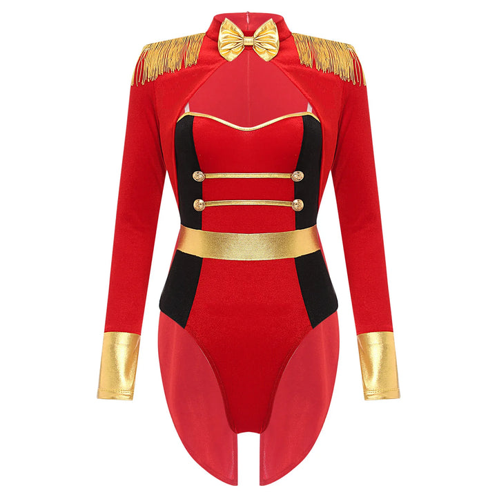 Womens Circus Ringmaster Costume Jumpsuit Halloween Carnival Party Long Sleeve Tailcoat Velvet Fringed Sexy Cosplay Bodysuit