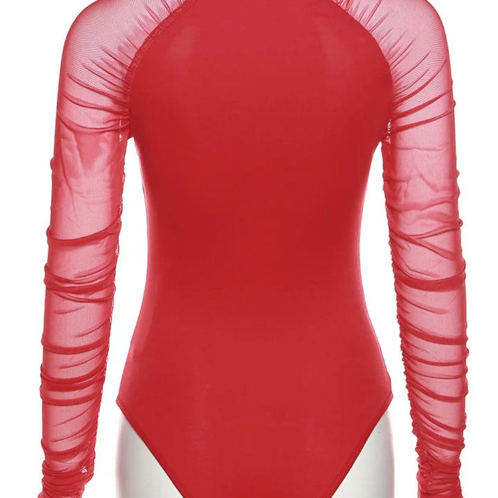 Weird Puss 2025 Mesh Patchwork Bodysuit Sexy Women Sleeve Ruched Skinny Turtleneck Bodycon Elegant Wild Tops Streetwear Outfits