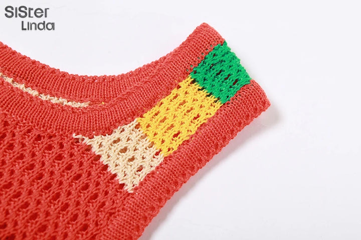 Sisterlinda Colorful Knit Casual 2 Piece Set Women Sleeveless Skinny Stretch Midriff Tank Top+Mini Hip Skirt Matching Streetwear