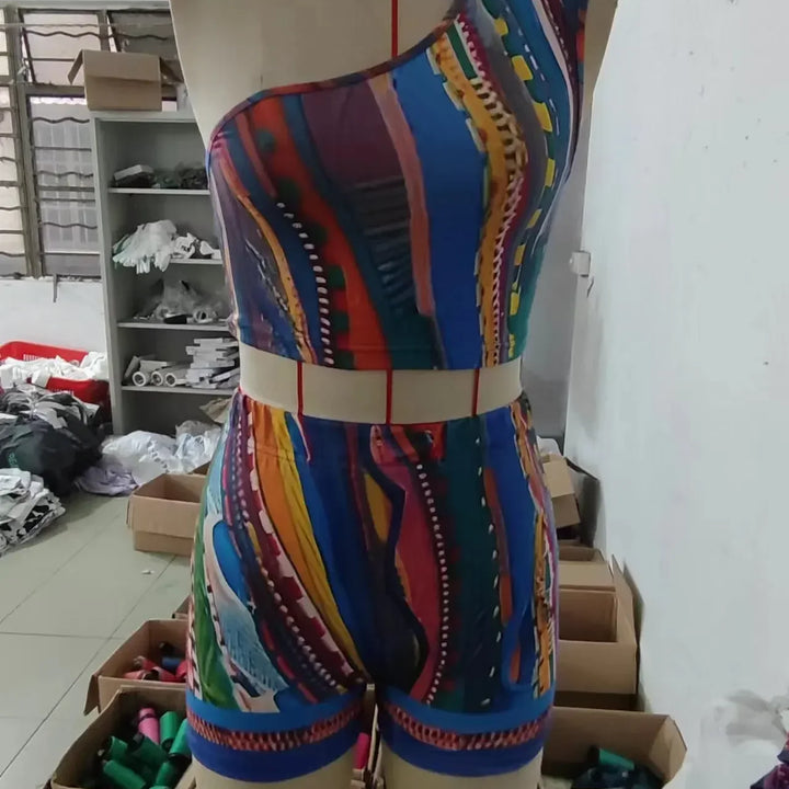 Striped Paisley Print Women's Set One Shoulder Tank Top and Shorts 2024 Summer Fashion Two 2 Piece Set Outfits Tracksuit