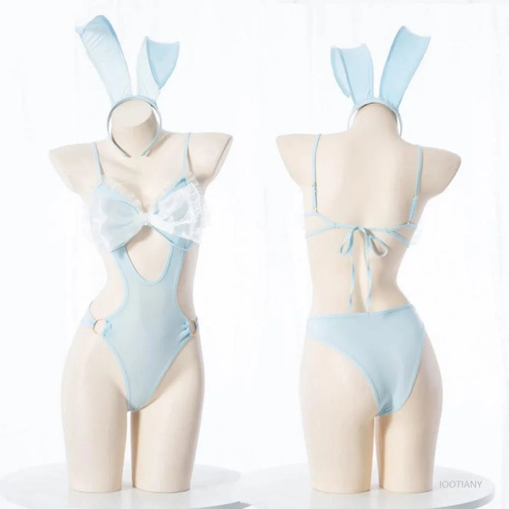 Sexy Lace Bow Bunny Girl Uniform Role Play Outfits Hollow Light Blue Bodysuit Fairy Cosplay Costume Swimsuit Underwear Lingerie