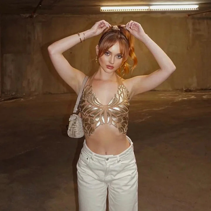 Butterfly Halter Tops Women Summer Outfits Backless Neck Mounted Golden Y2k Clothes Slim Sleeveless Ropa De Mujer