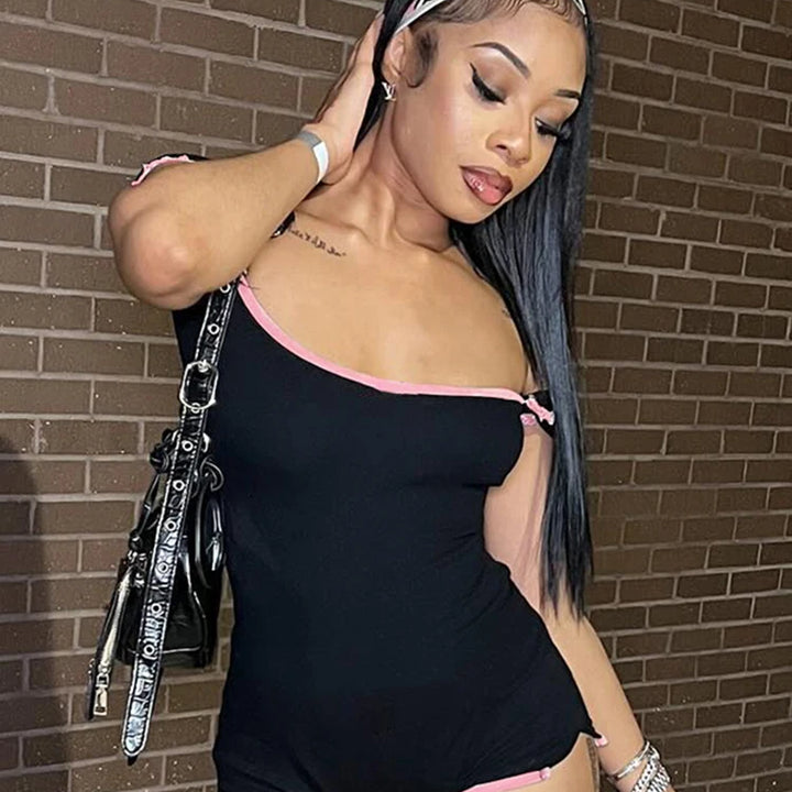 kliou Classic Patchwork Women Playsuits Casual Fashion Lace Trim Square Neck Short Sleeve Stretch Rompers Girls Daily Streetwear