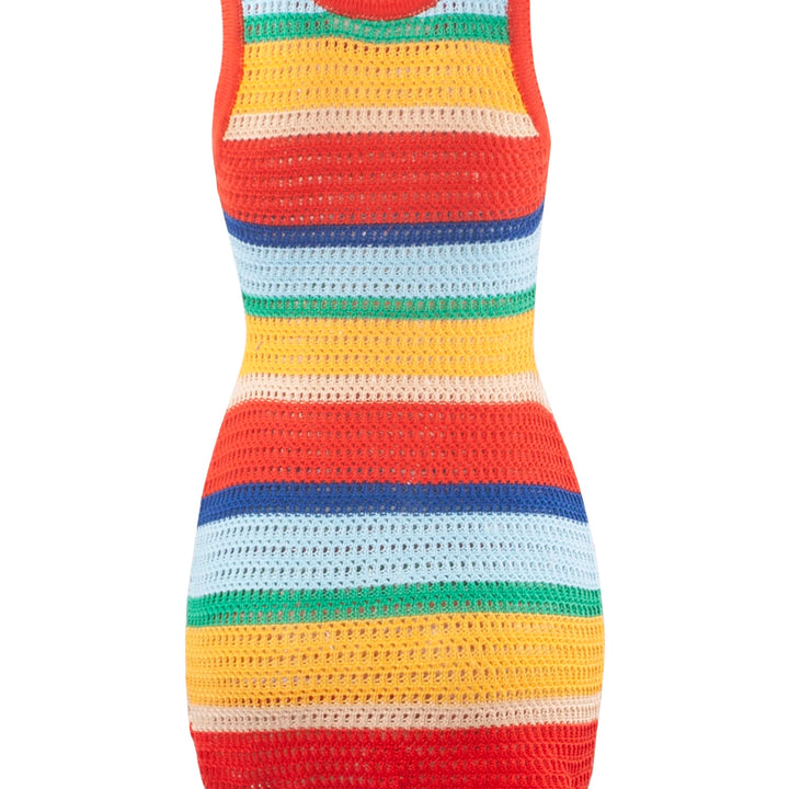 Women Panelled Striped Knitted Hollow Out Mini Dress Casual Tank Sleeveless Bodycon Hot Girl Streetwear Outfit