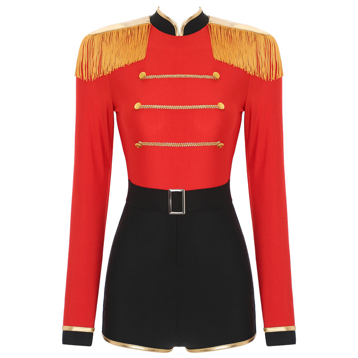 Womens Circus Ringmaster Jumpsuit Halloween Carnival Theme Party Role Play Costume Long Sleeve Velvet Fringed Cosplay Bodysuit