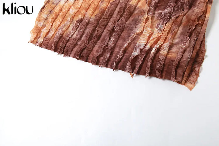 kliou Stacked Ruched 2 Piece Set Women Solid Halter Bandage Irregulary Camis+Tie Dye Vintage Mini Skirts Female Sexy Attirewear