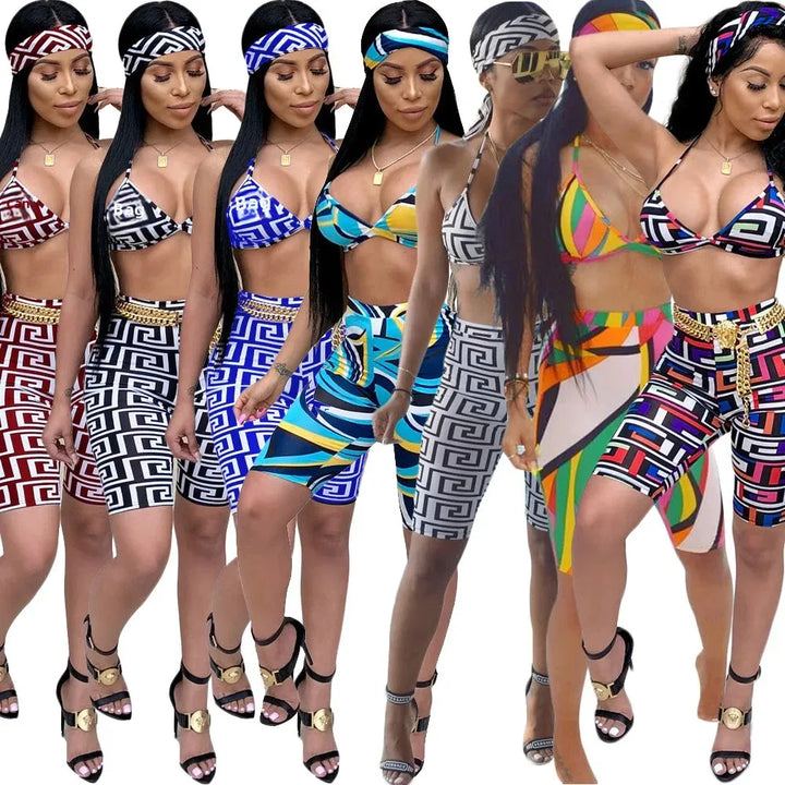 S3330 Sweetpants Three-Piece Set With Headscarf Six Colors Women's Fashion Outfit Short Skirt Set From China Mainland