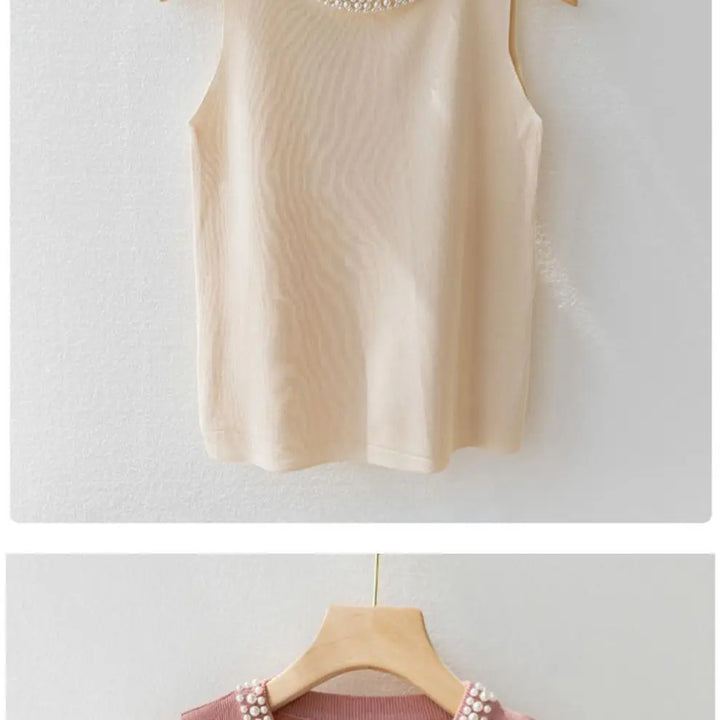 Knitted Vests Women Korean Top Solid Tank Blusas Mujer De Moda Summer New Fashion Female Sleeveless Beading Casunal Thin Tops