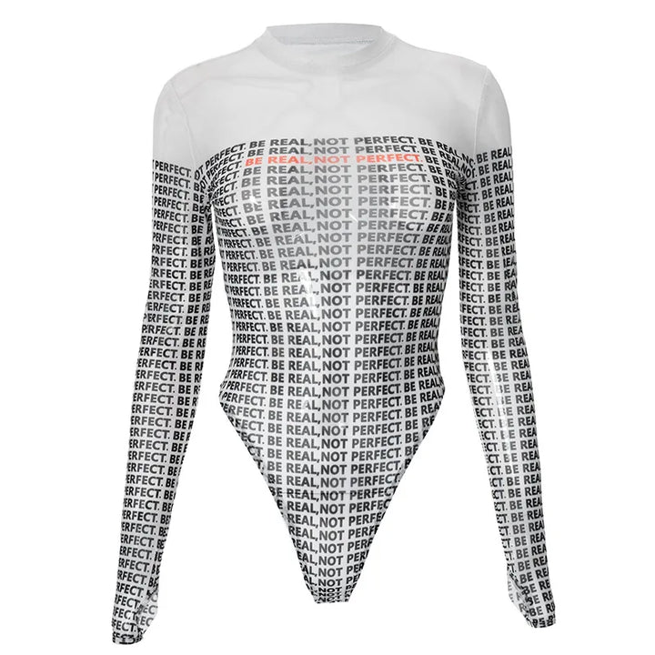 Letter Printed Mesh Transparent Women Panelled Newspaper Long Sleeve Round Neck T-Shirts