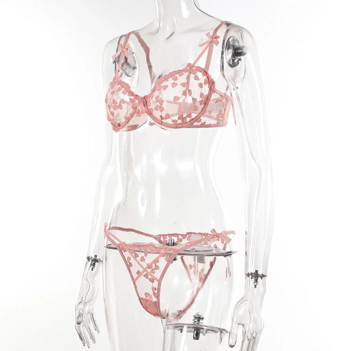 Yimunancy Heart Embroidery Lingerie Set Women 2-Piece Transparent Bow Bra + Brief Underwear Set Erotic Intimates