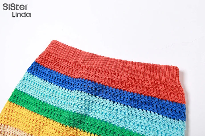 Sisterlinda Colorful Knit Casual 2 Piece Set Women Sleeveless Skinny Stretch Midriff Tank Top+Mini Hip Skirt Matching Streetwear