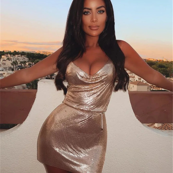 Travel Dress for Women Sexy Metal Beautiful Girl Birthday Party Dresses Nigh Club Take Photos Clothing Slit Halter Neck Vestidos