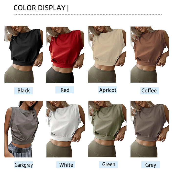 Crop Top Cotton Shirts for Women Cute Sleeveless Yoga Tops Running Gym Workout Shirts Casual Fitness Loose Female T-Shirt