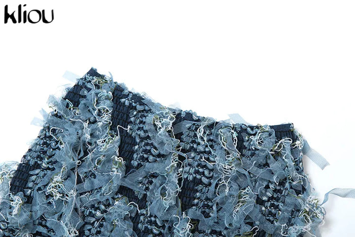 kliou Stacked Crochet 2 Piece Set Women Panelled Patchwork Wrapped Chest Crop Tanks+Sheer Slim Mini Skirts Female Street Outfits