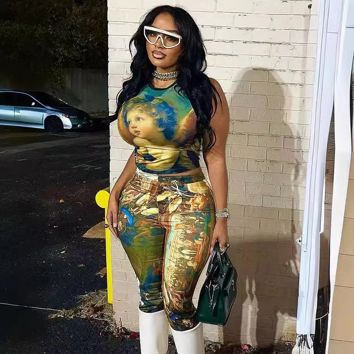 FAGADOER Fashion Print 2 Piece Sets Woman Outfit Oil Painting Sleeveless Crop Top and Pants Female Streetwear Summer Spring New