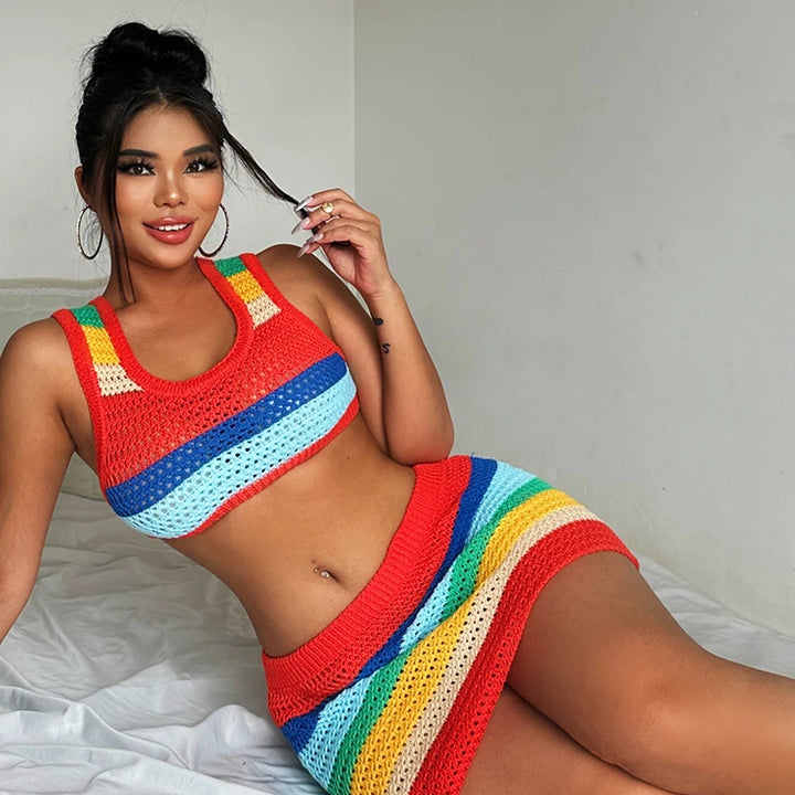 Sisterlinda Colorful Knit Casual 2 Piece Set Women Sleeveless Skinny Stretch Midriff Tank Top+Mini Hip Skirt Matching Streetwear