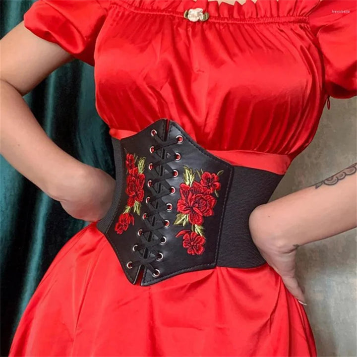 UYEE Punk Bembroidery Pendant Corset For Women Wide Belts Gothic PU Leather Cummerbund y2k Girl Slimming Waistband Female