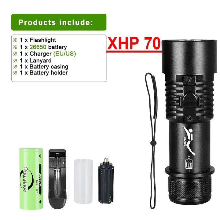 Diving flashlight charging strong light XHP70 focus long flashlight plastic waterproof submersible lighting at night submersible