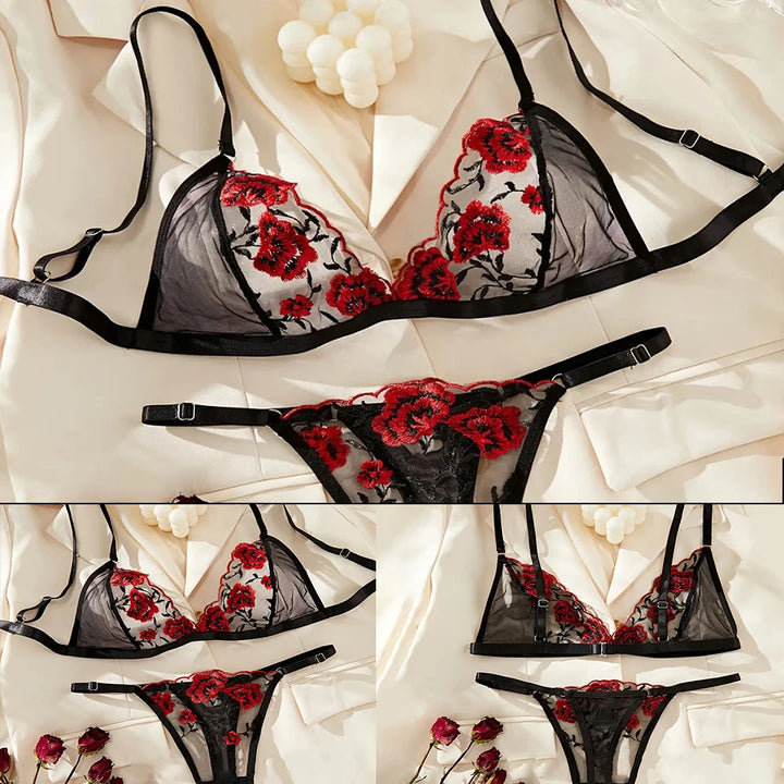2 Piece Women Sexy Lingerie Set See-Through Bra Floral Embroidery Sheer Underwear Intimates Bra And Panty Transparent Bra
