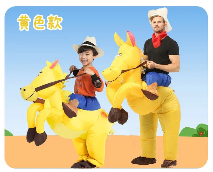 Adult Children Western Cowboy Riding Inflatable Costume Little Grey Horse Bull Riding Bar Halloween Show Out Dress
