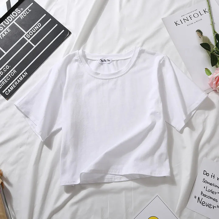 2024 Summer Short Sleeve T Shirts Women Cotton Solid T-shirt O Neck High Waist Crop Top Tee Female Casual Loose T Shirt