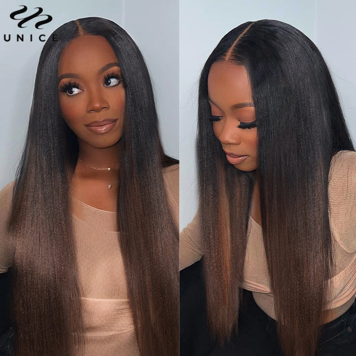 UNice Hair Ombre Brown Yaki Straight V Part Wig 100% Human Hair Upgrade U Part Wig Easy Blend Super Natural Human Hair Wigs