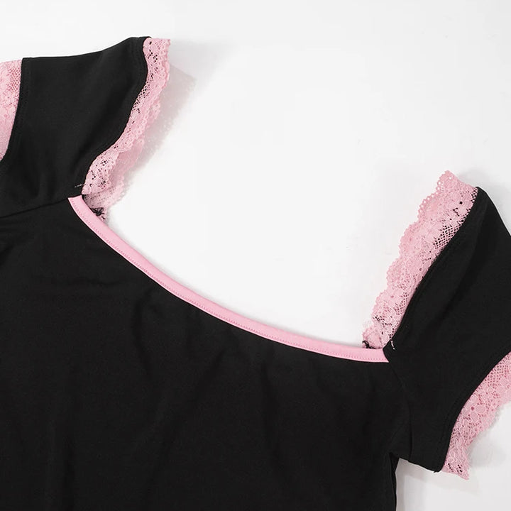 kliou Classic Patchwork Women Playsuits Casual Fashion Lace Trim Square Neck Short Sleeve Stretch Rompers Girls Daily Streetwear