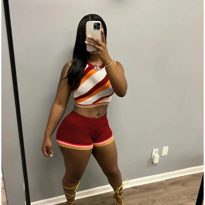 CM.YAYA Knit Ribbed Fashion Women's Set Striped Tank Top and Shorts Suit 2023 Summer Chic Two 2 Piece Set Outfit Tracksuit