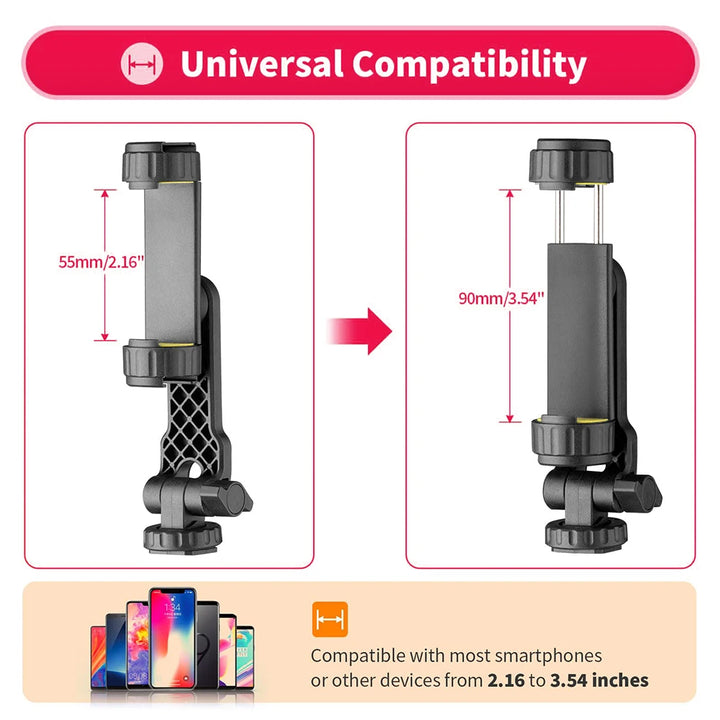 Camera Hot Shoe Phone Holder Mount Clamp Clip w 2 Cold Shoe 1/4'' Tripod Adapter Stand Mic Fill Light for Smartphone TikTok Vlog