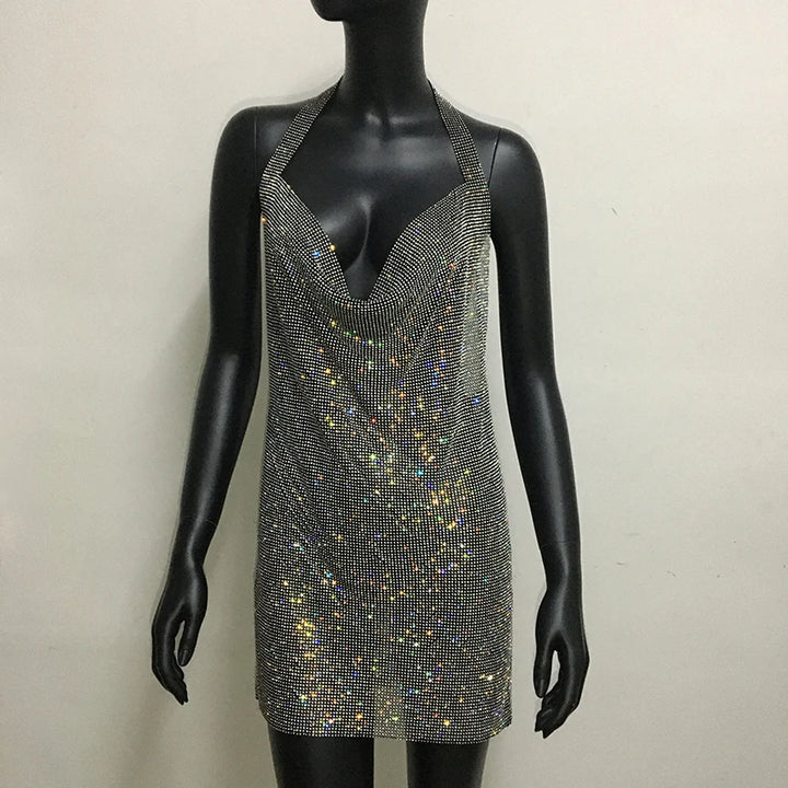 Bling Rhinestone Backless Dress Sexy Deep V Neck Sleeveless Side Split Halter Dress Nightclub Party Evening Dresses