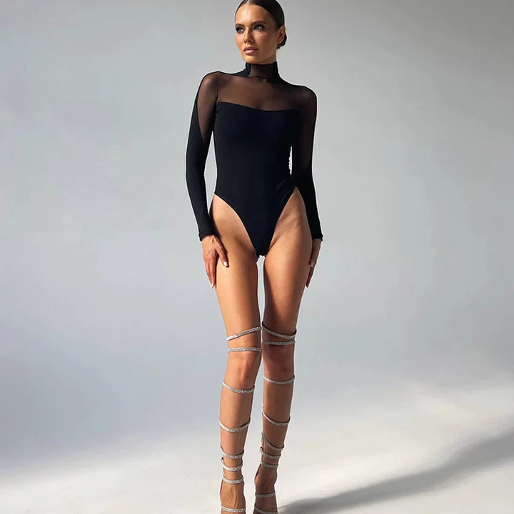 Huhugirl Mesh See Through Skinny Sexy Bodysuits Women Fashion Patchwork Long Sleeve Sheath Rompers Female Jumpsuits Tops Tees