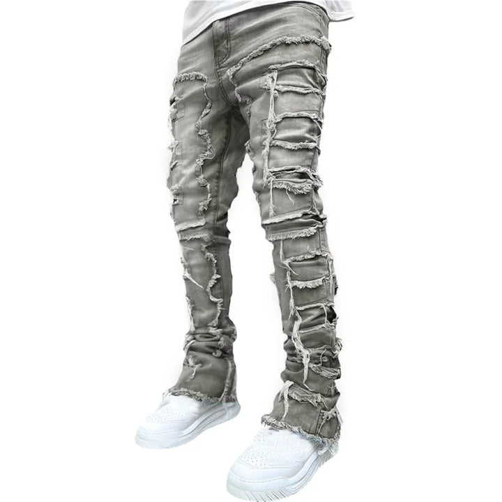 Men Skinny Pants Vintage Patch Frayed Denim Pants Spring Fall Casual Leggings Trousers with Pockets