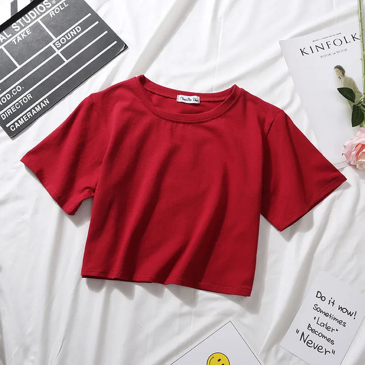 2024 Summer Short Sleeve T Shirts Women Cotton Solid T-shirt O Neck High Waist Crop Top Tee Female Casual Loose T Shirt