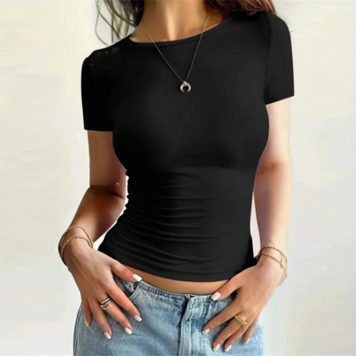 Casual Basic T-Shirts For Women Spring Summer New Short Sleeve O Neck Top Solid Simple Y2k Tees Lady Pullover Crop Tops Street