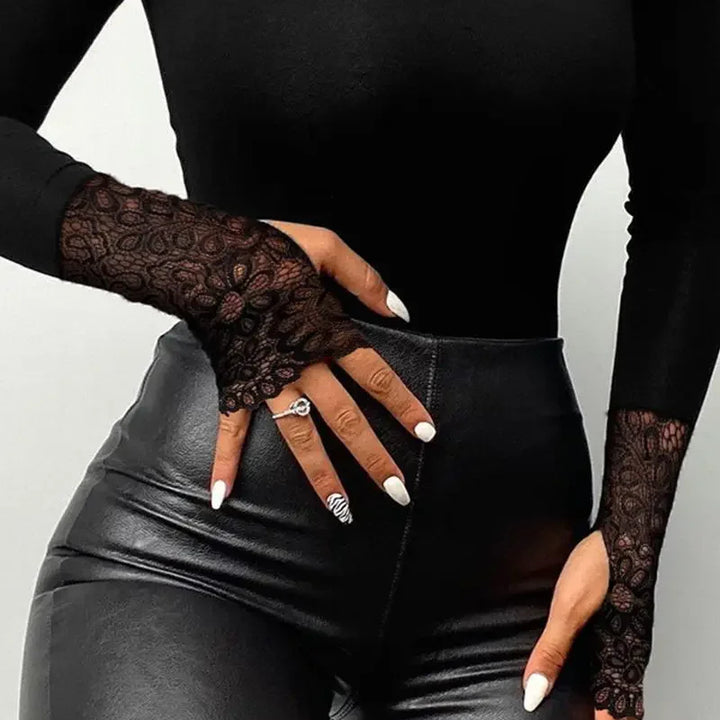 Contrast Lace Long Sleeve Cold Shoulder Bodysuit Women Top Romper Solid Color Fashion Sexy Slim Skinny Bodysuits