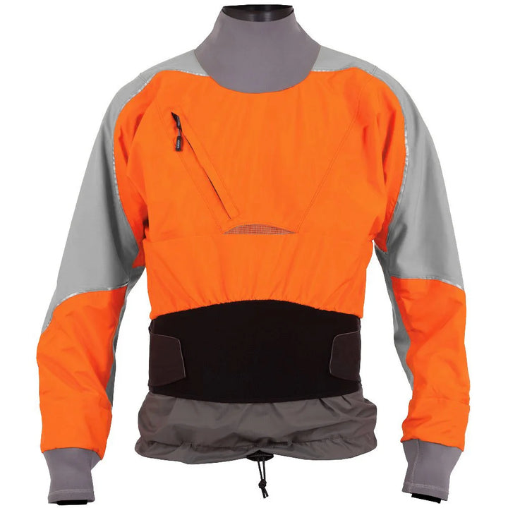 Dry Top With Dual Adjustable Neoprene Outer Skirt, a self-draining Zippered Chest Pocket Latex Wrist and Neck Gaskets