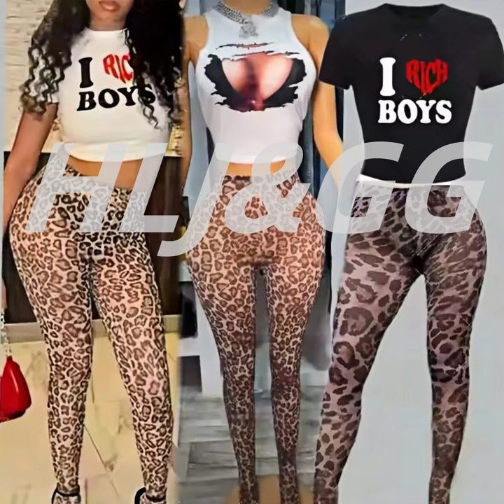 HLJ&GG Fashion Y2K Letter Printing Crop Top Two Piece Sets Women Round Neck Short Sleeve Tshirts And Leopard Pants Outfits 2025
